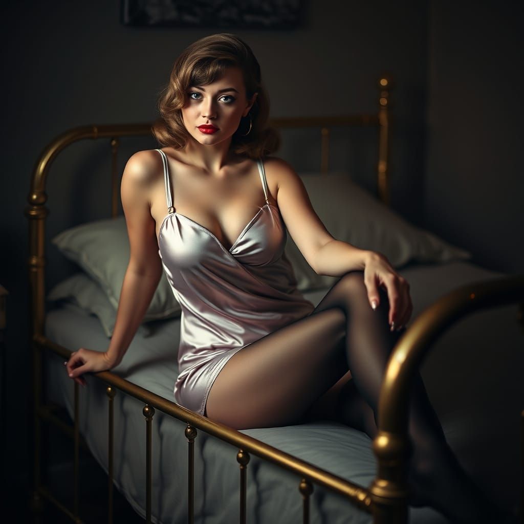 Sultry Pin-Up Girl in Brass Bedframe