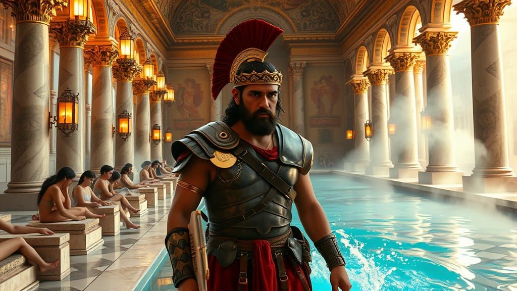 Roman Warrior Basks in Luxurious Baths Scene