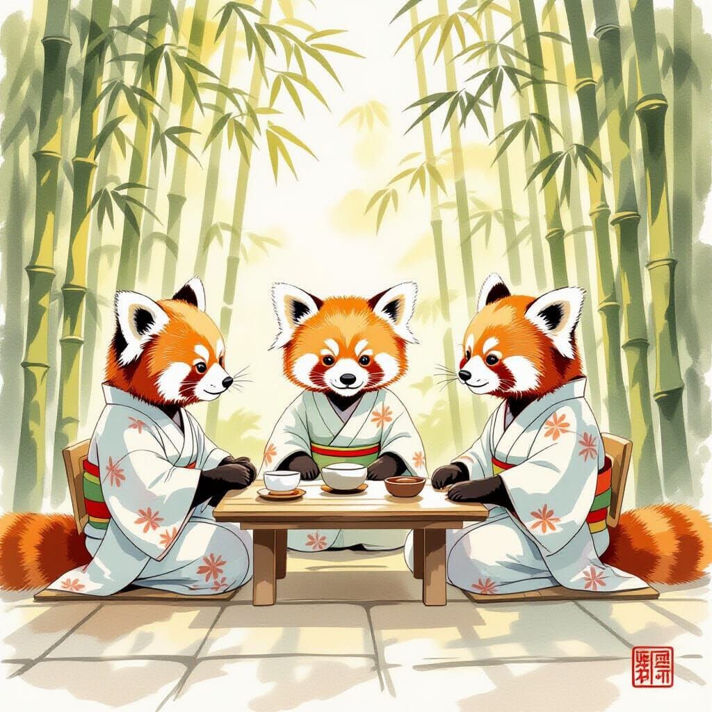 Red Pandas Enjoy Tea Ceremony in Bamboo Grove