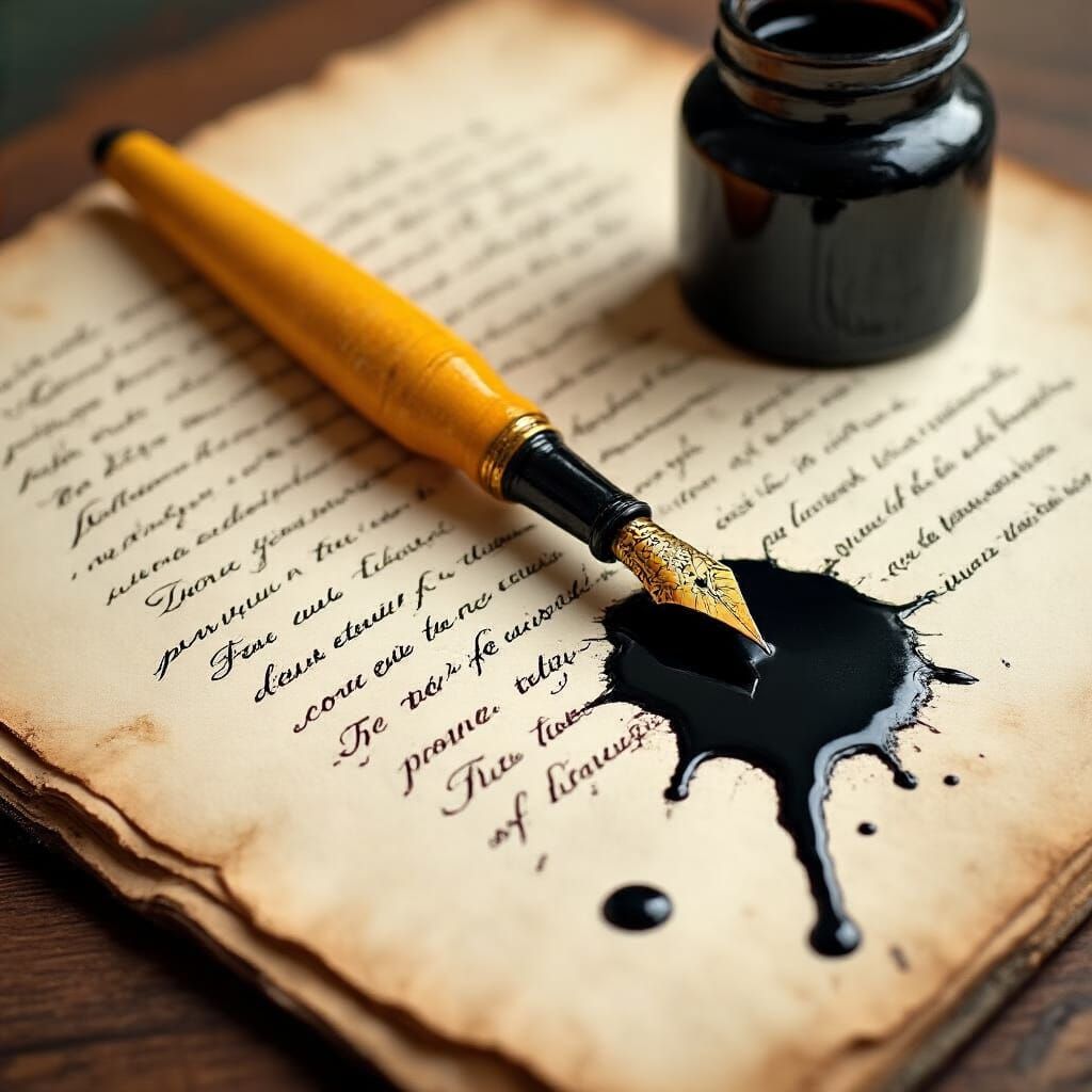 Ink Spill on Old Manuscript in Realistic Style