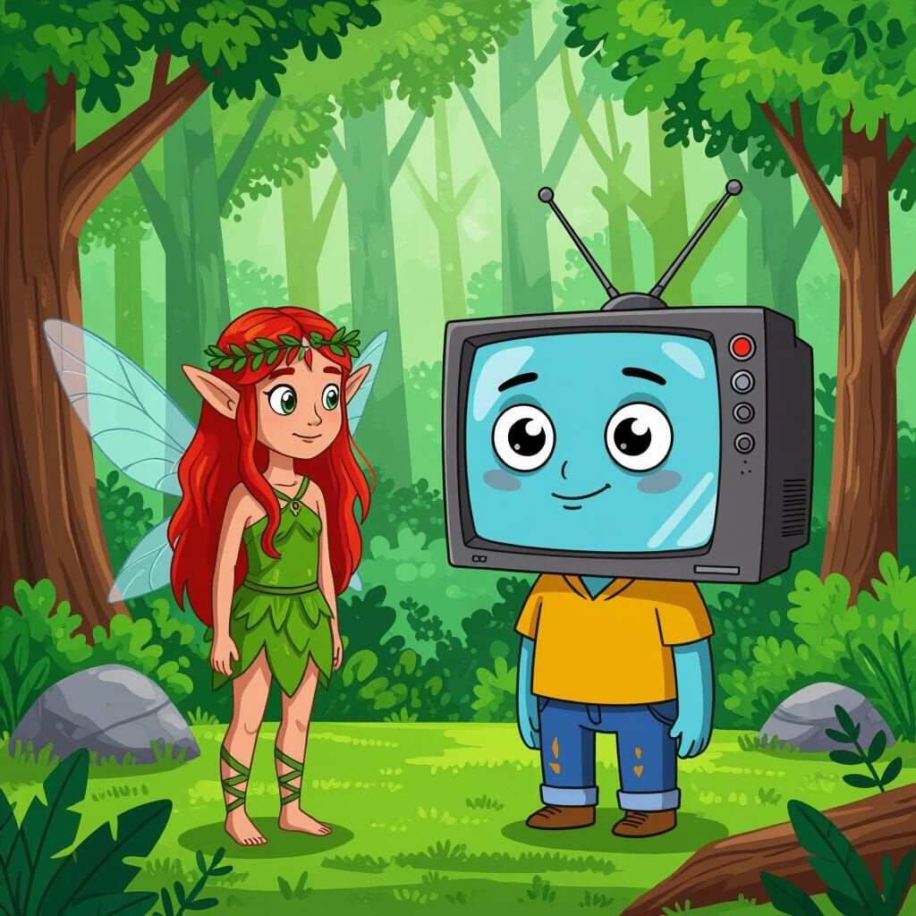 Fairy and TV Set as Unlikely Cartoon Friends