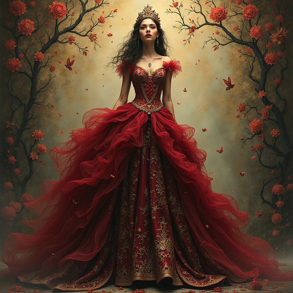 Opulent Fairytale Queen in a Dark Fantasy Scene