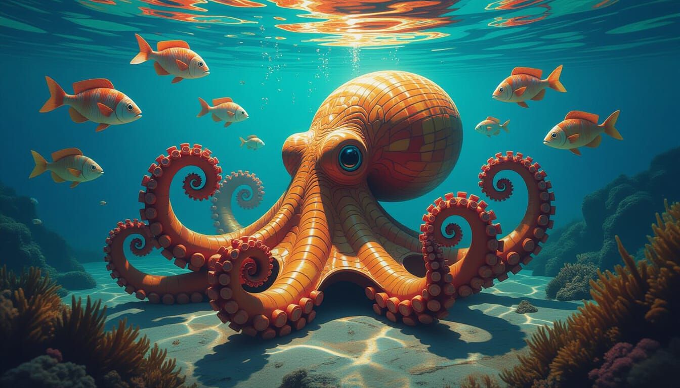 Underwater Wooden Octopus Sculpture in Splash Art Style