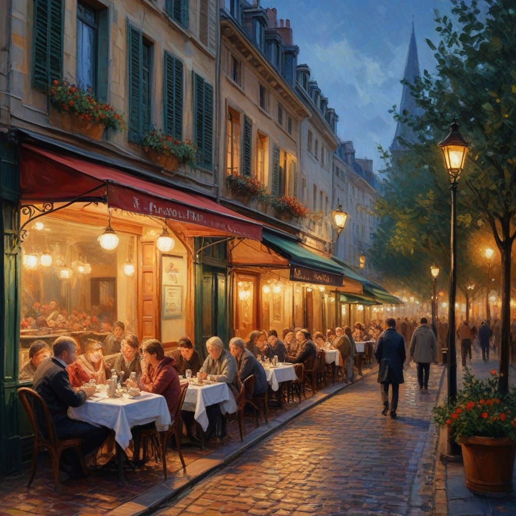 Parisian Cafe at Dusk: Impressionist Oil Painting