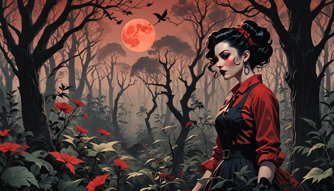 Rockabilly Girl in Shadowy Post-Apocalyptic Forest
