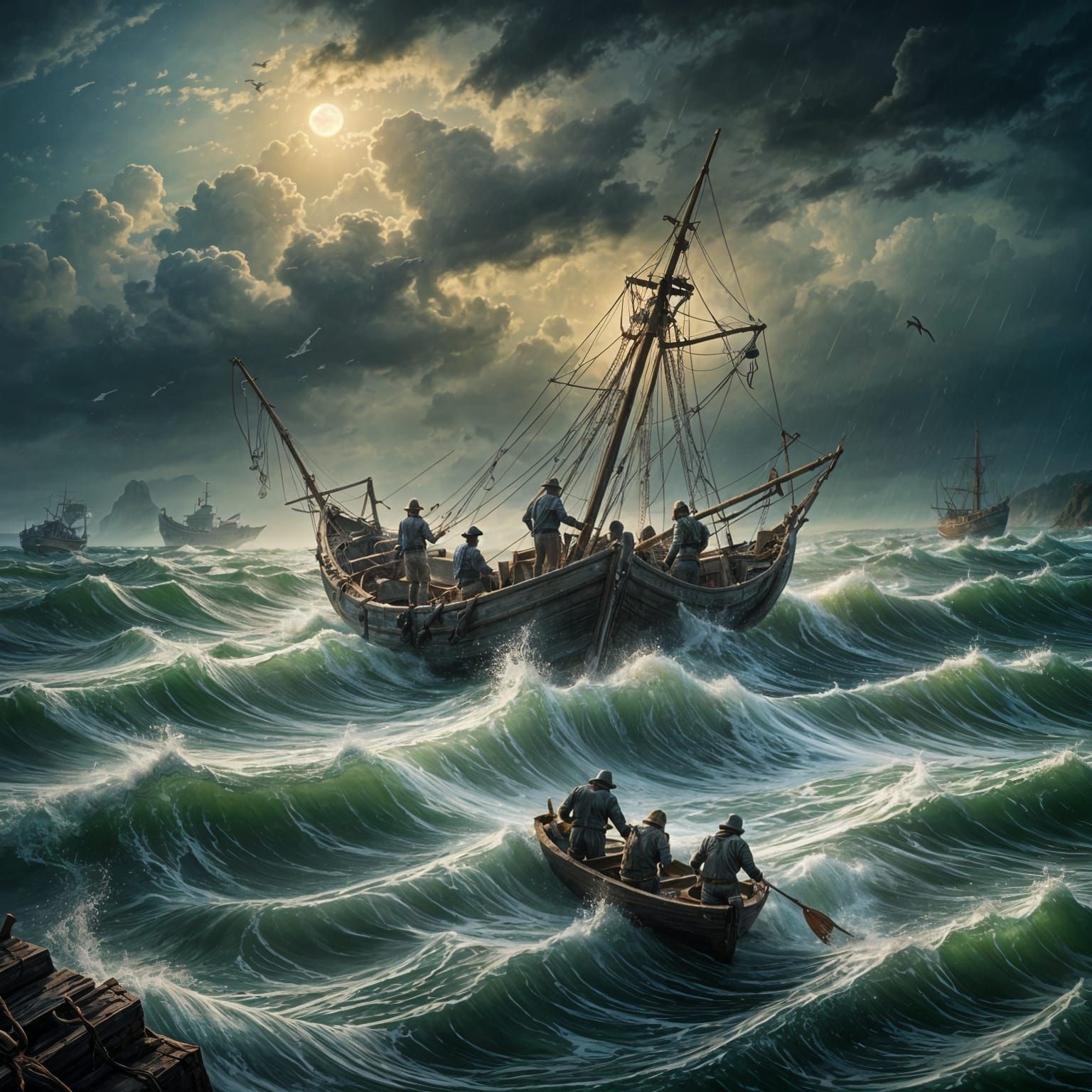 Fishermen's Catch in Turbulent Weather: Fantasy Concept Art