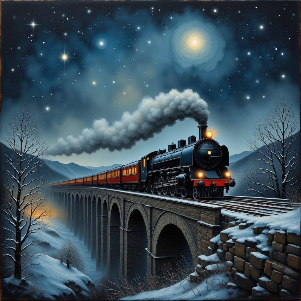 Vintage Steam Train Crosses Snowy Viaduct at Night