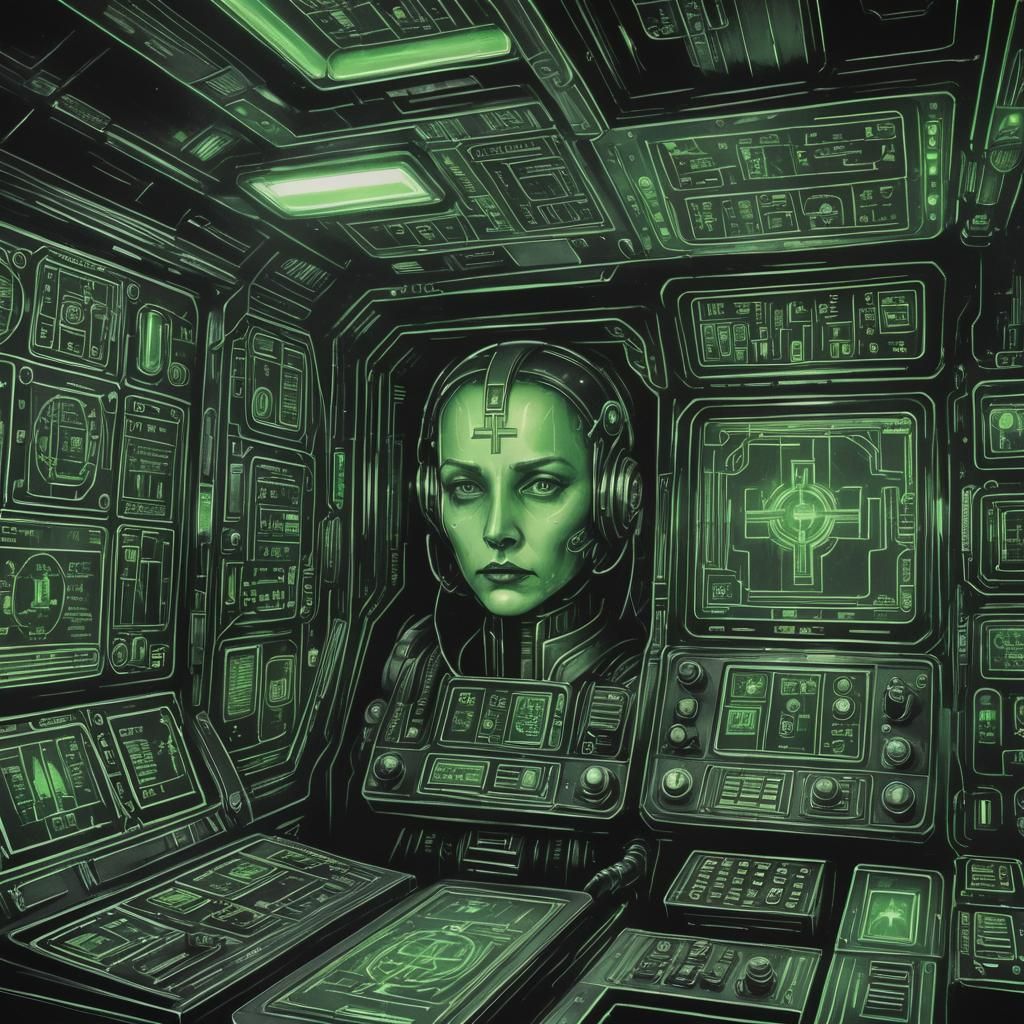 Green Cross on Spaceship Control Panel in Film Noir