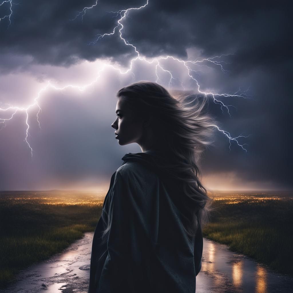 Double Exposure Girl Silhouette Lightning Storm Landscape