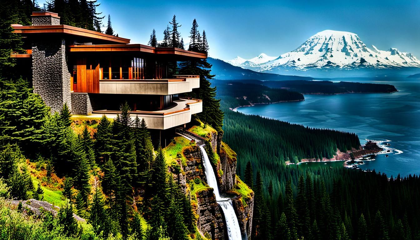 Prairie Style House with Waterfall and Mountain View