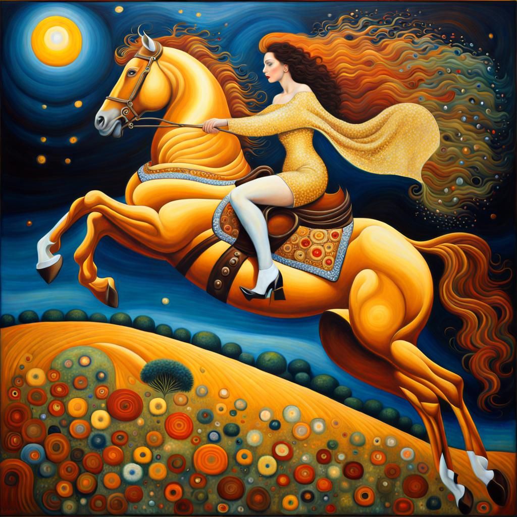 Woman Rides Bronco in Klimt-Inspired Surrealism