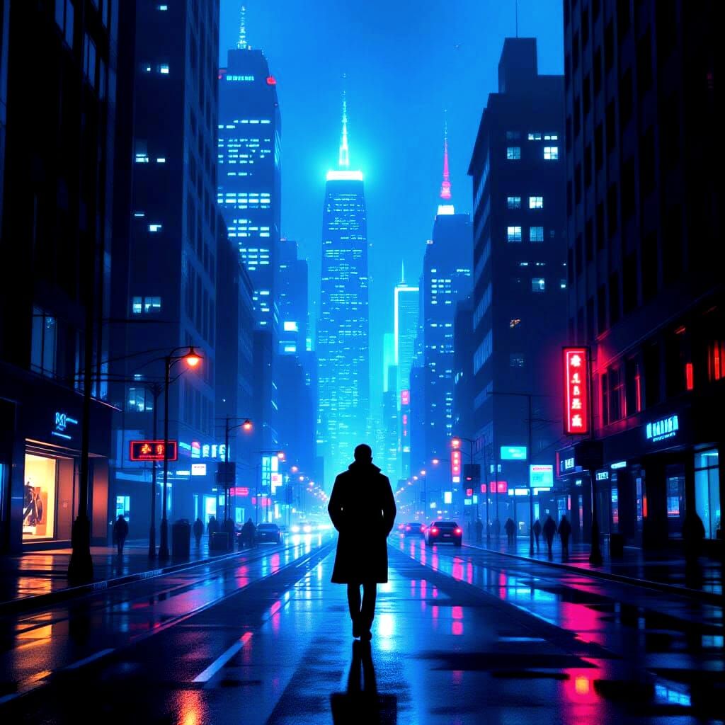 Solitary Man in Cyberpunk City at Night