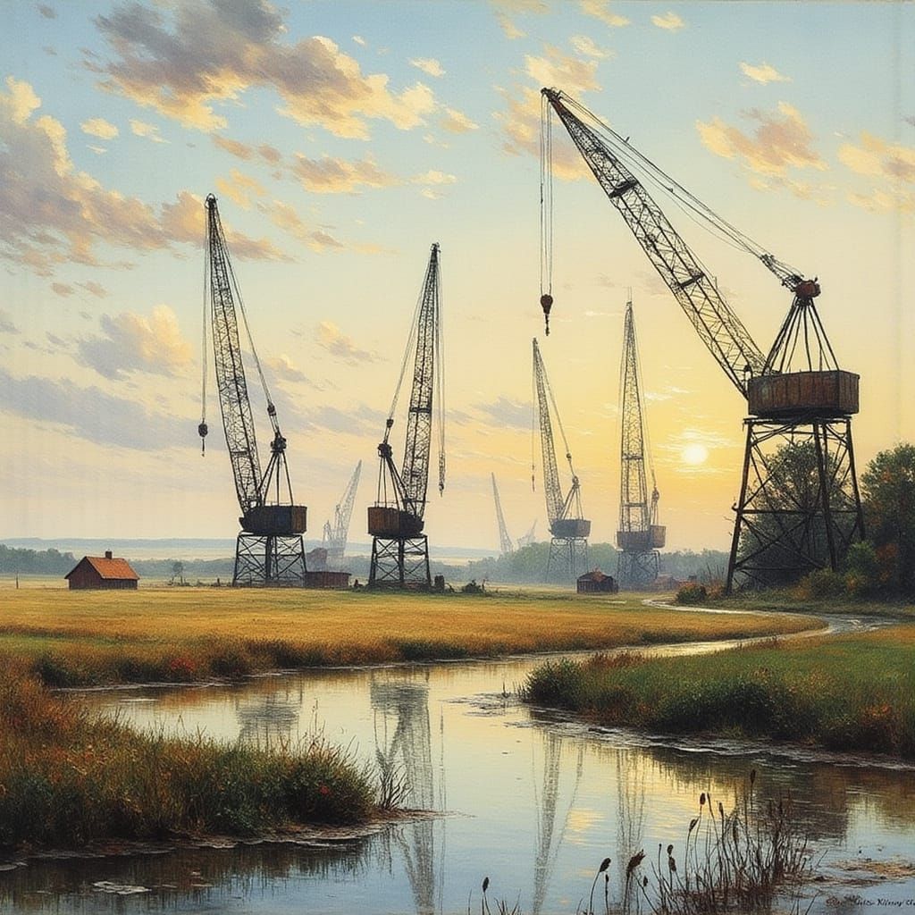 Cranes in a serene marsh landscape, painted in a rough diamo...