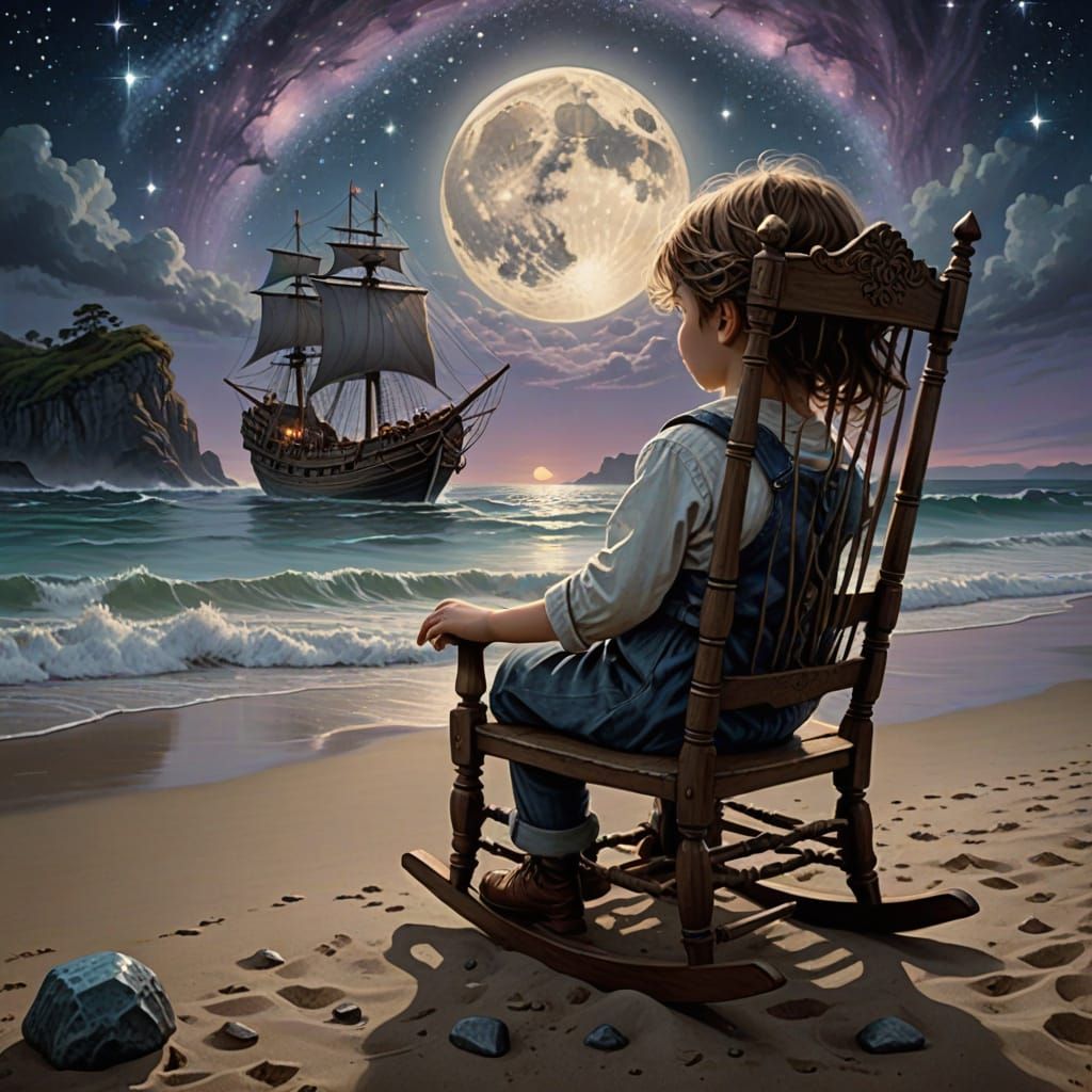 Child Finds Magical Rocking Chair on Misty Beach