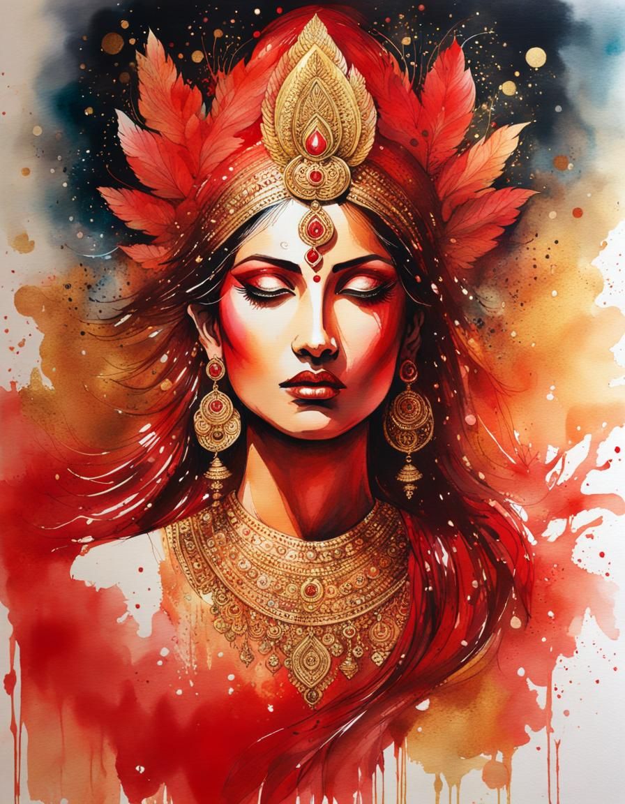Stunning Hindu Goddess in Watercolor Art