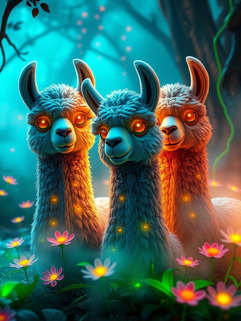 Glowing Llama Topiaries in Bioluminescent Forest