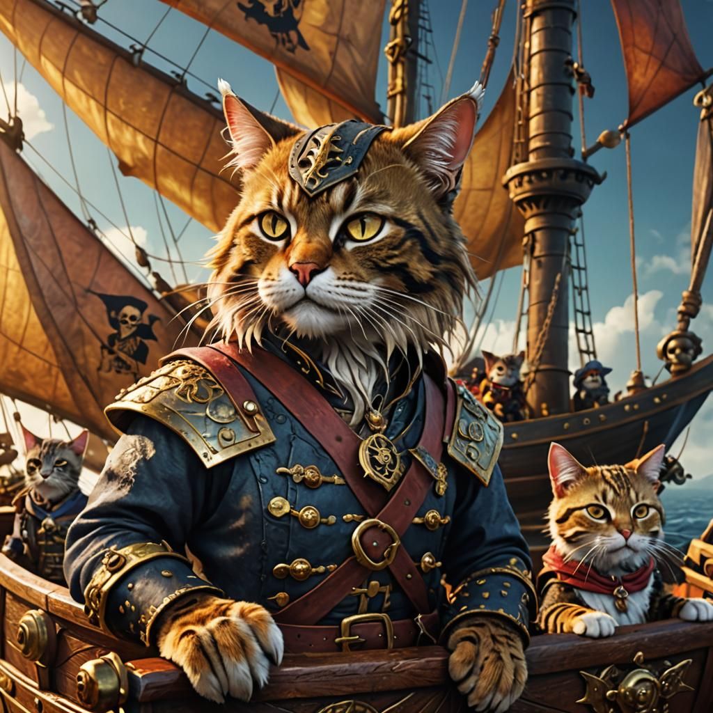 Humanoid Cat Pirate Captain on Dragon Ship