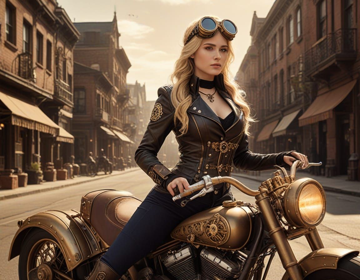 Steampunk Girl on Motorbike in Victorian Cityscape