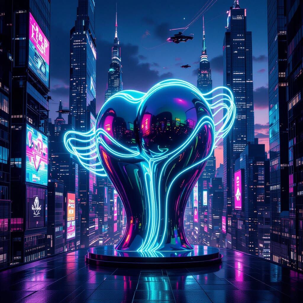 Vibrant Futuristic Sculpture in Neon Cityscape
