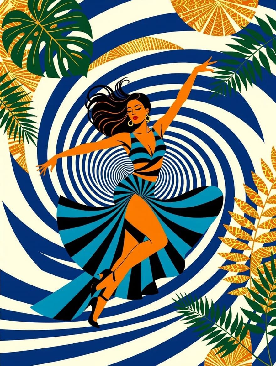 Energetic Mambo Dancer Lost in Whirlpool of Stripes and Colo...