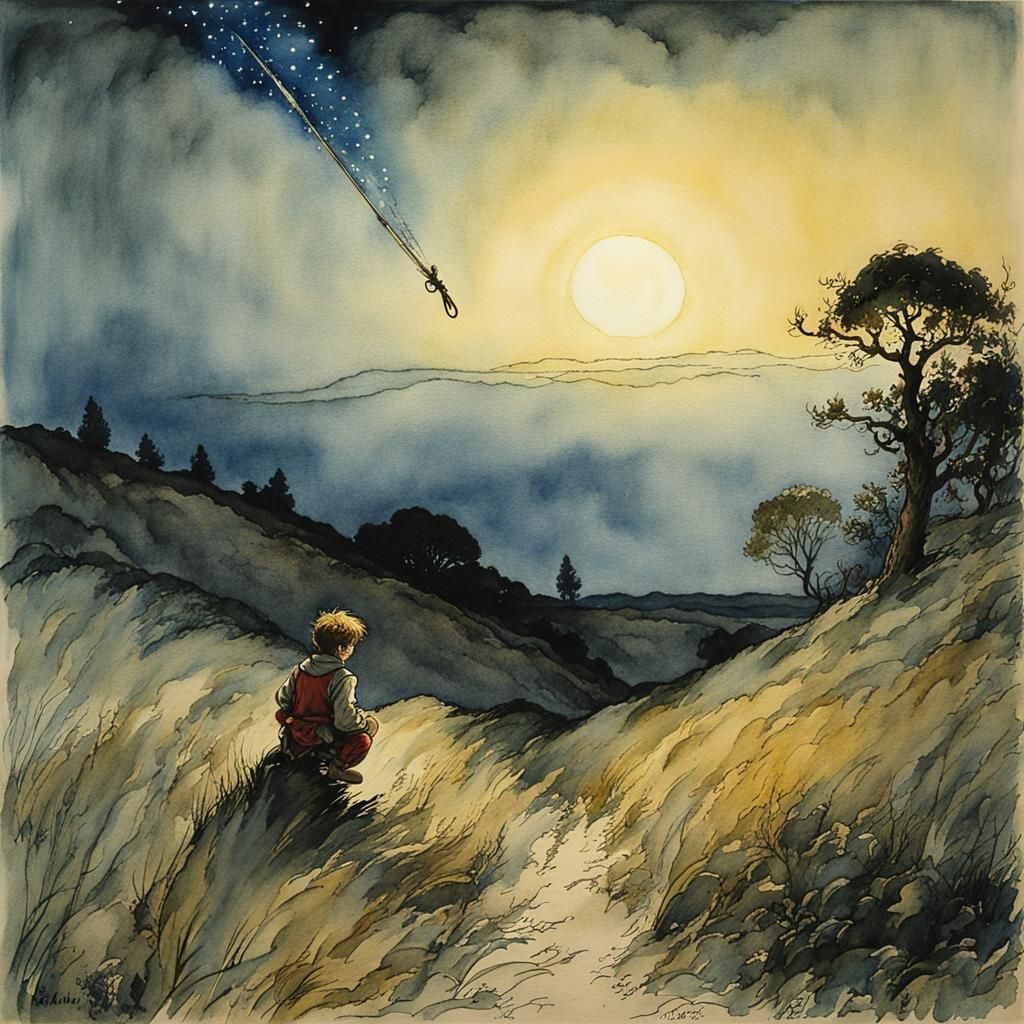 Boy Watches Magical Shooting Star in Rackham Style