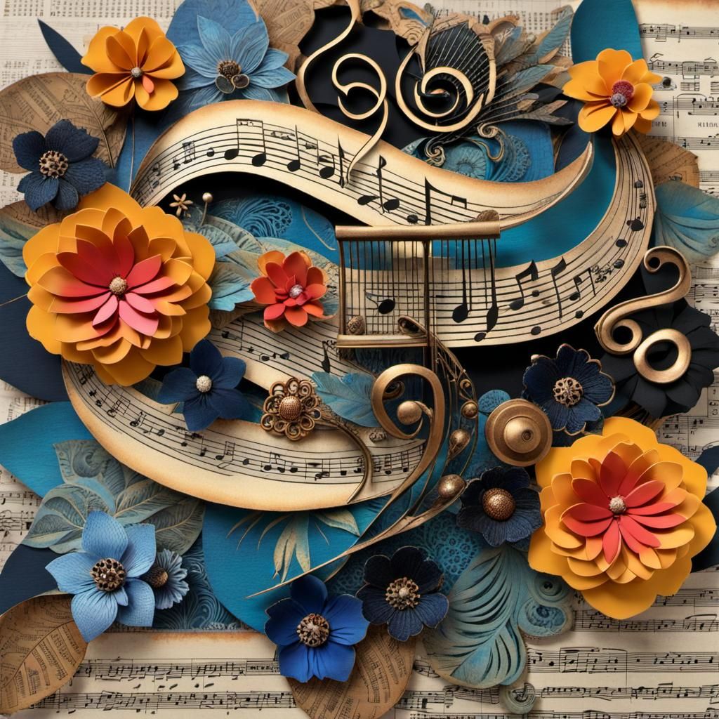 Vibrant Mixed Media Collage with Flowers and Music
