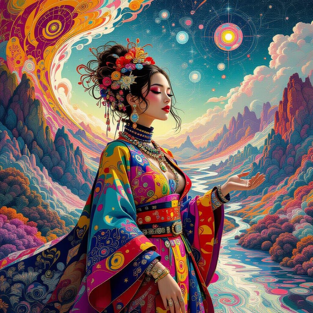 Kaleidoscopic Woman in a Psychedelic Futuristic Dreamscape
