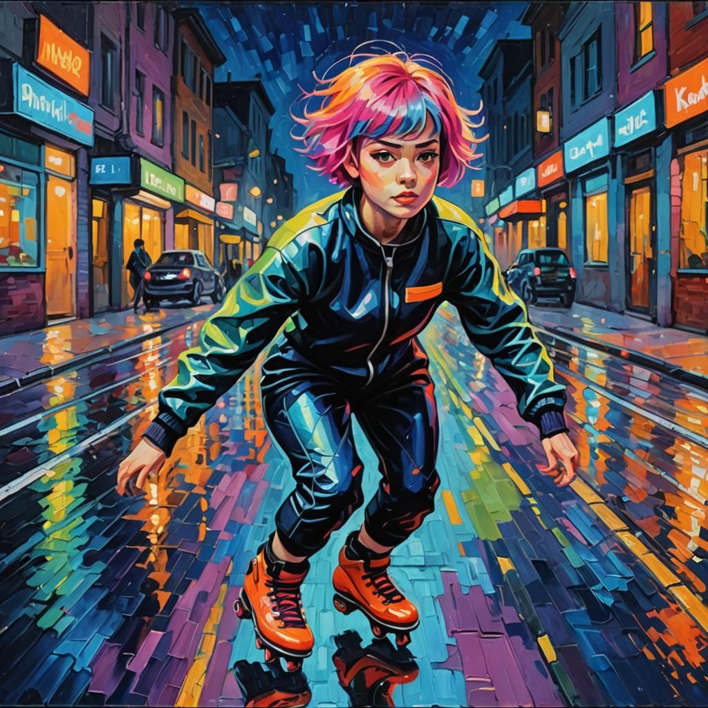 Neon Roller Girl: Expressionist Oil Painting