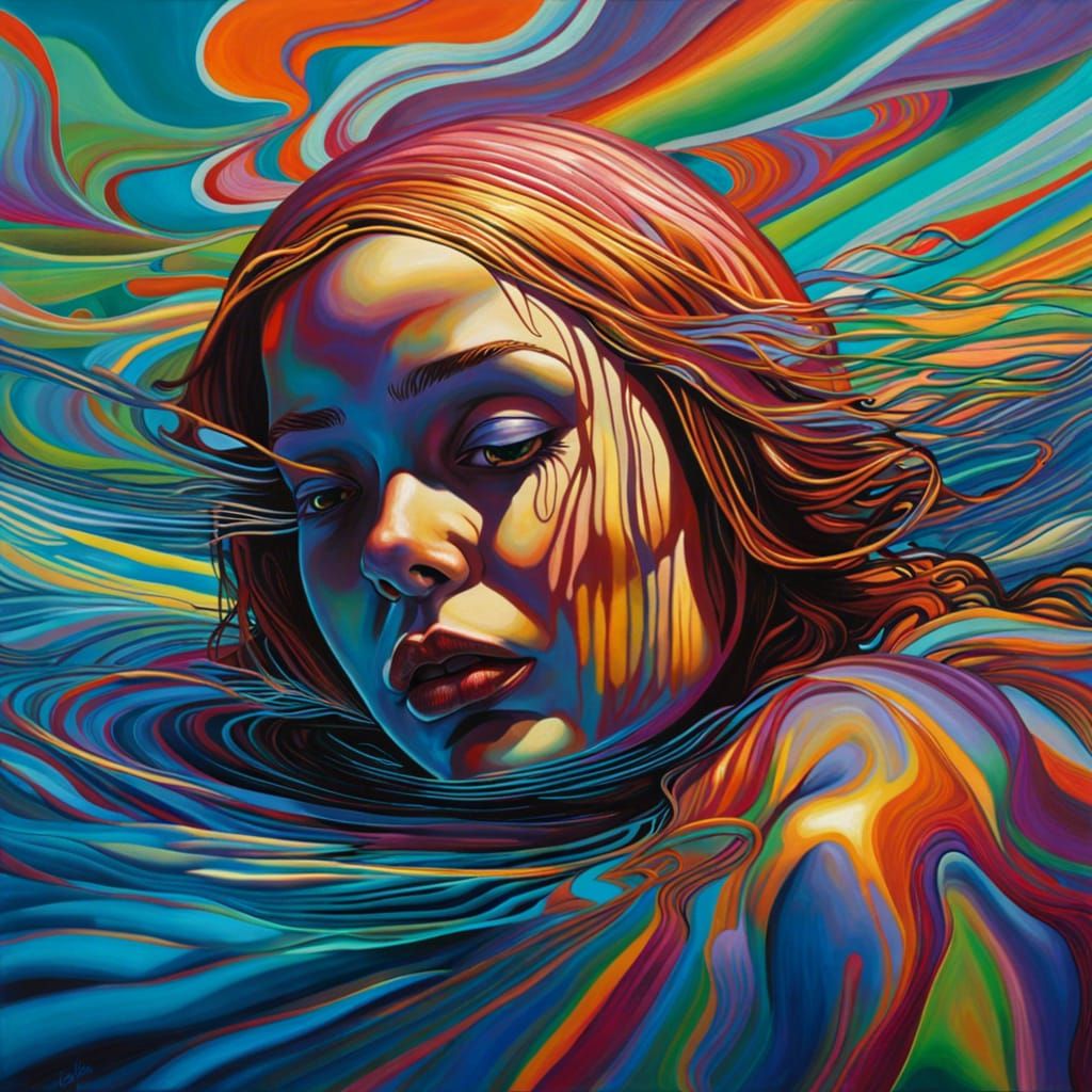 Girl Swimming in Psychedelic Surrealism Style