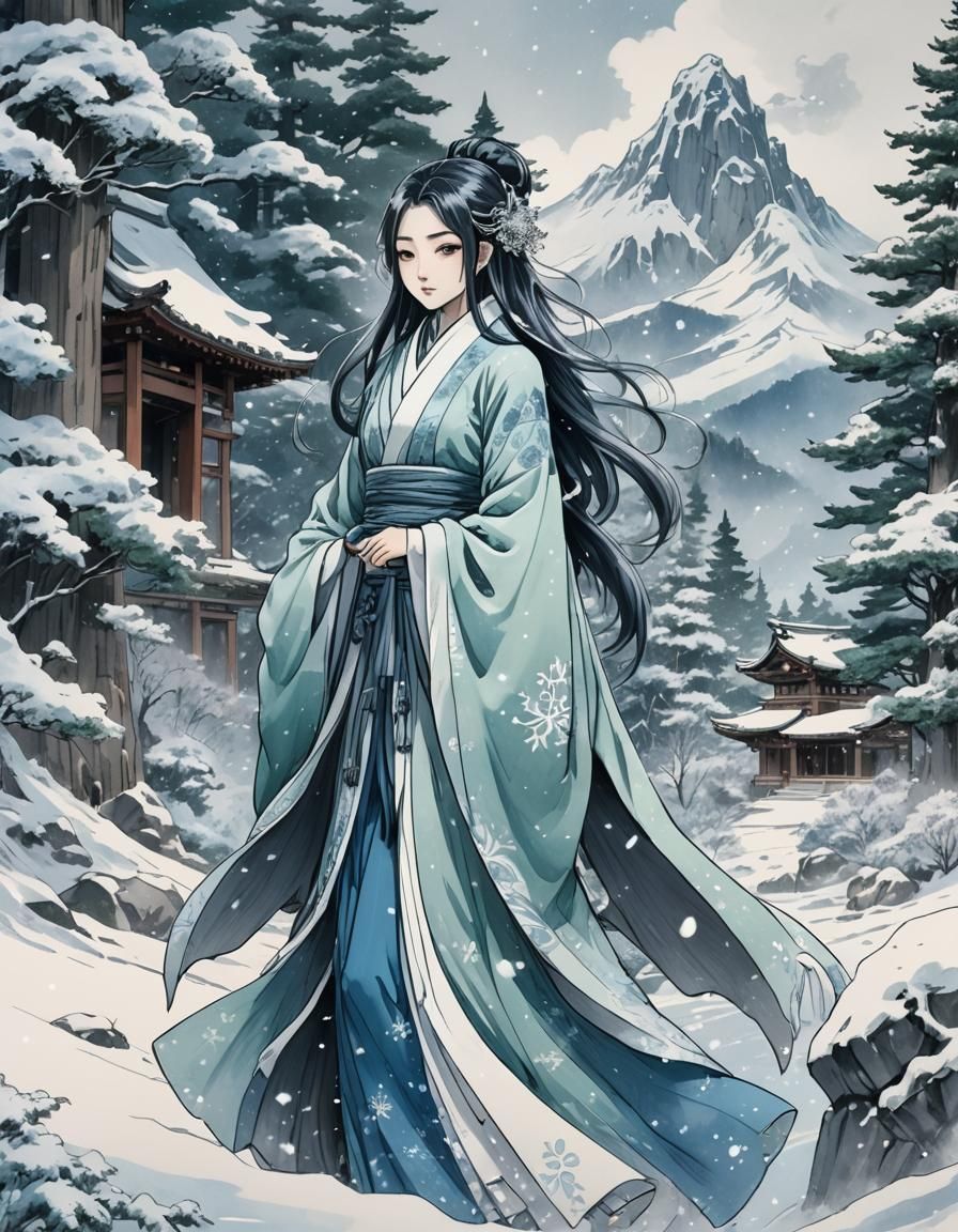 Yuki-onna in Snowy Mountain Landscape: Manga Sketch