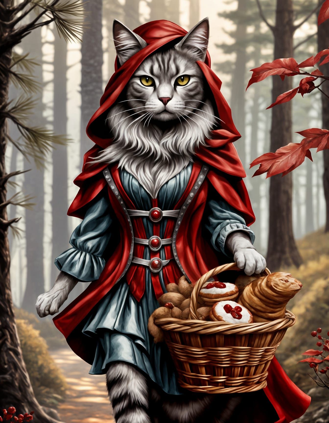 Elegant Silver Cat in Victorian Attire Strolls Through Encha...