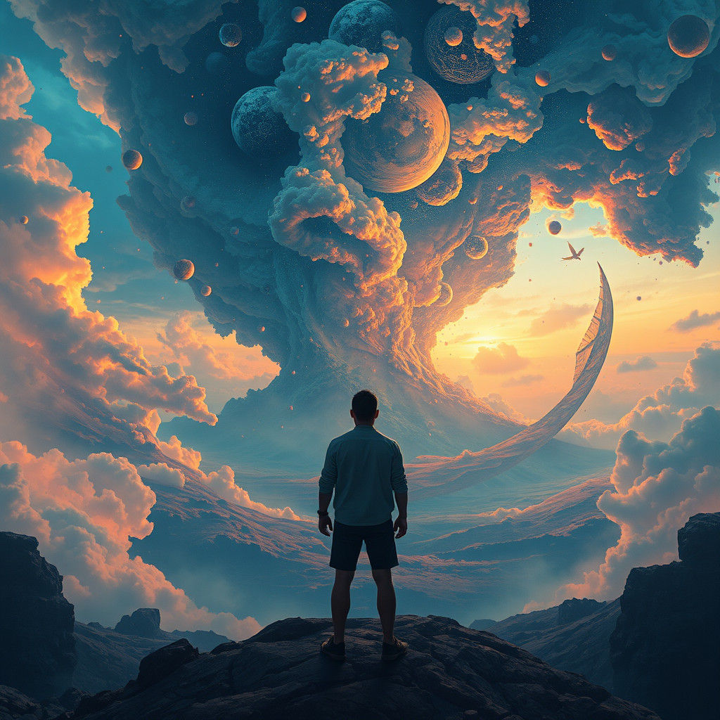 Man's Life Unfolds in Dreamlike Digital Landscape