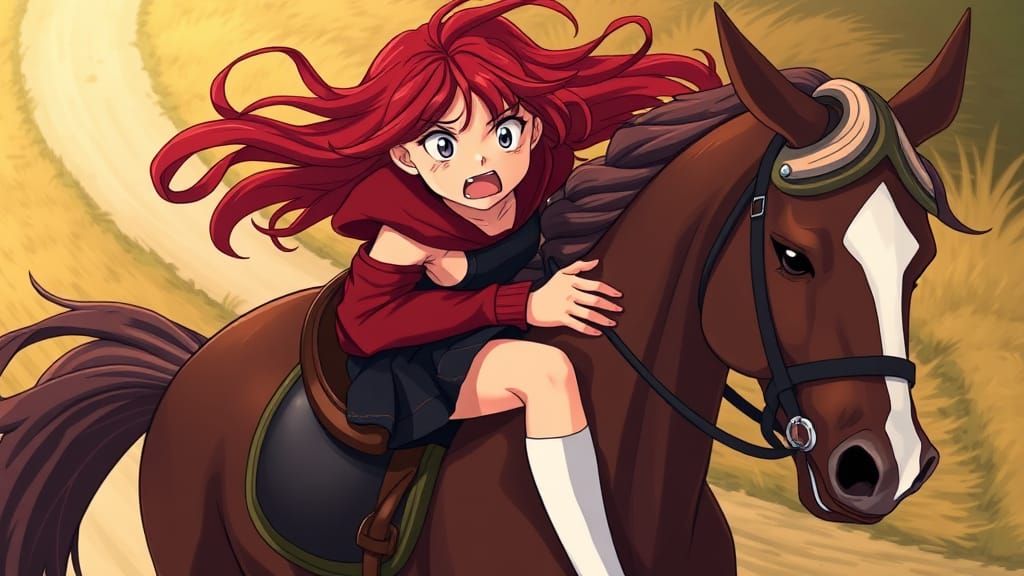 Girl in Panic on Elegant Horse Trotting Along Winding Path