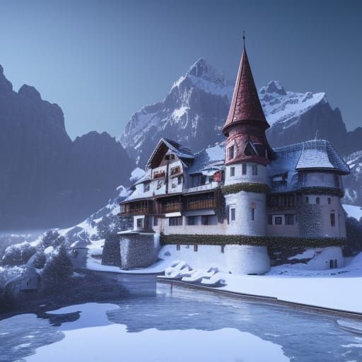 Snowy Chateau in Swiss Alps: Detailed Matte Painting