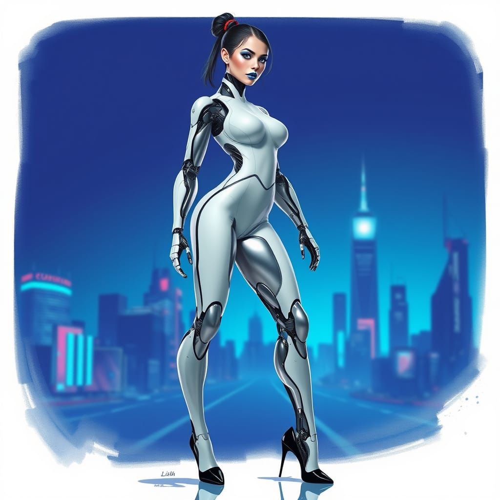 Robotic Beauty in High-Tech Jumpsuit Standing Confidently