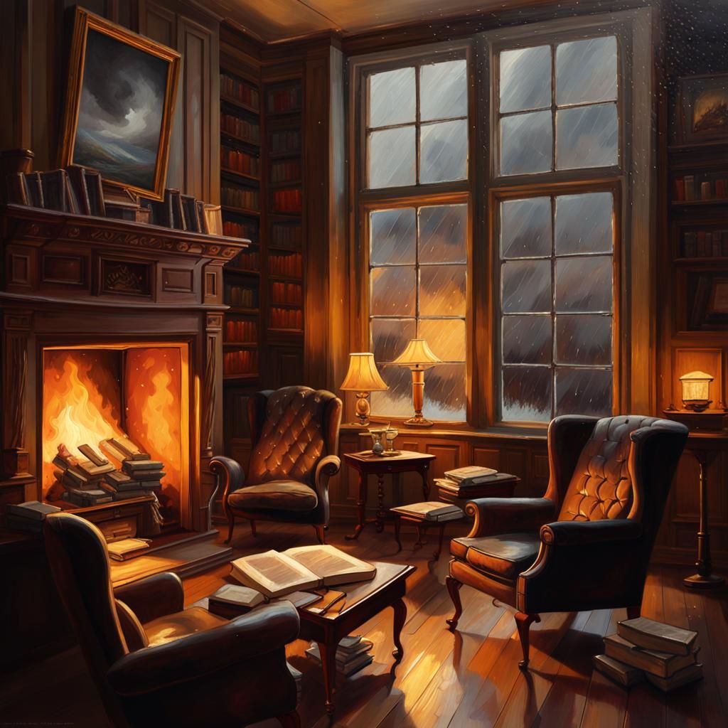 Inviting Study with Fireplace in Vintage Oil Painting