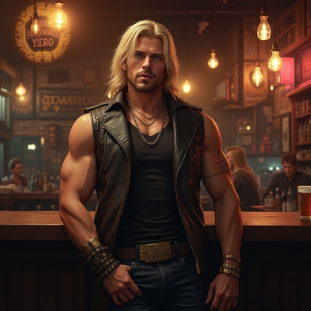 Hyper Realistic Photo of Muscular Blond Man in Leather Vest