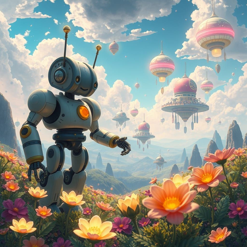 Robots Tend Glowing Flowers in Futuristic Landscape