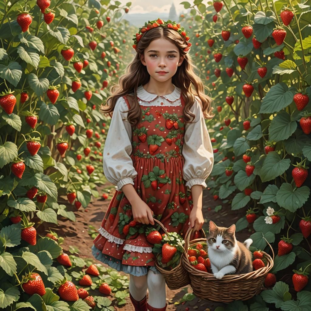 Girl and Cat in Strawberry Field: Matte Painting