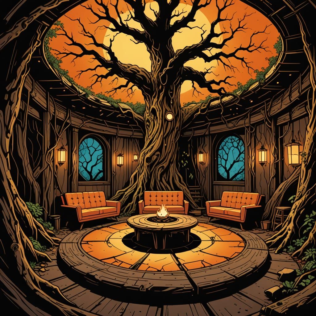 Sunken Root-Carved Room in Comic Book Style