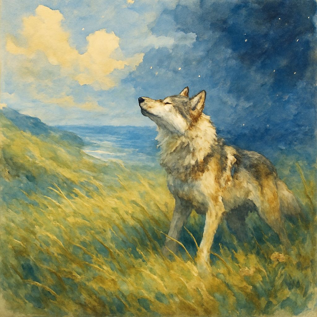 Wolf in Tall Grass: Impressionist Watercolor Fantasy