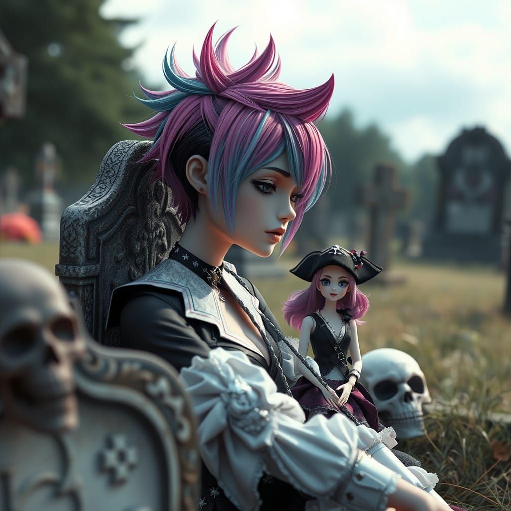 Cyberpunk Woman Weeps in Cemetery, Flanked by Barbie Pirate ...
