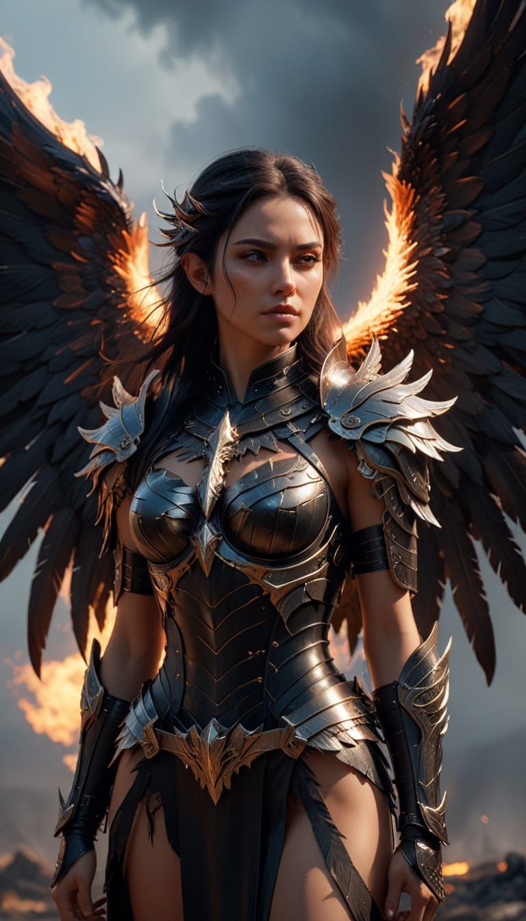 Epic Warrior Goddess in Burning Wasteland