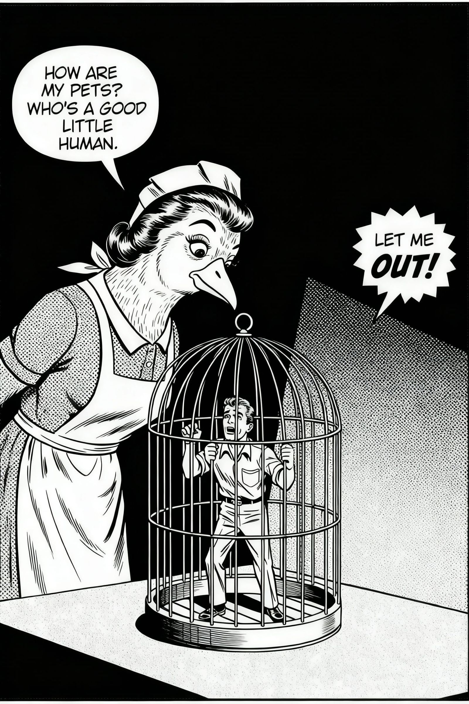 1950s Twilight Zone Scene: Humans Trapped in Birdcage