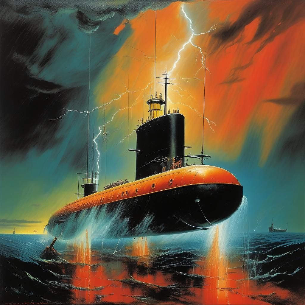 Surreal Submarine in Stormy Waters Painting