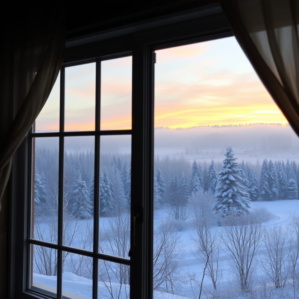 Winter Morning Nature Through Country House Window