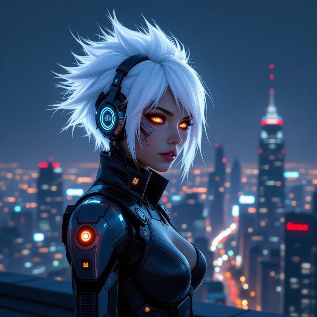 Bioluminescent Cyborg Girl Overlooking Future City