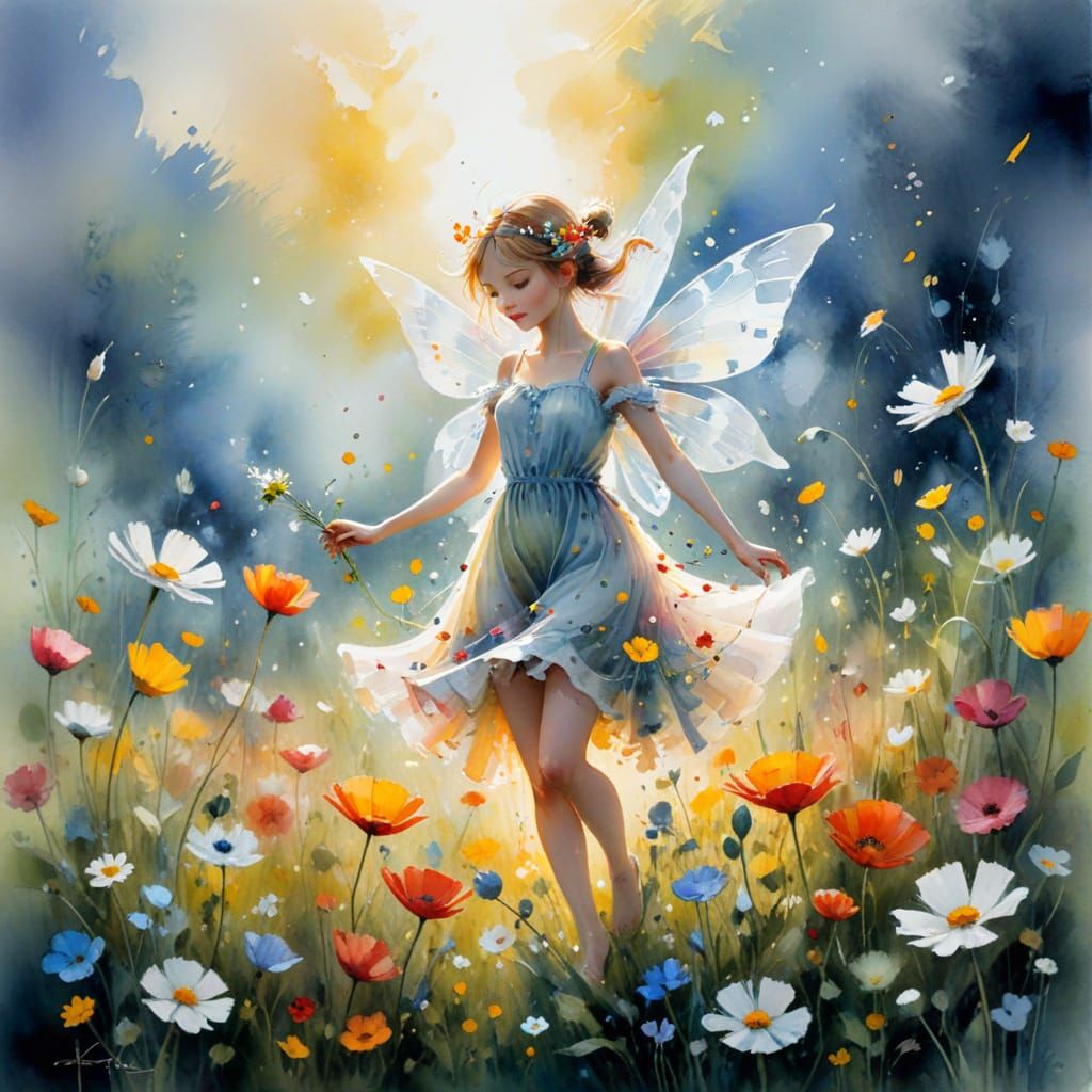 Fairy in Glowing Flower Field, Watercolor Art