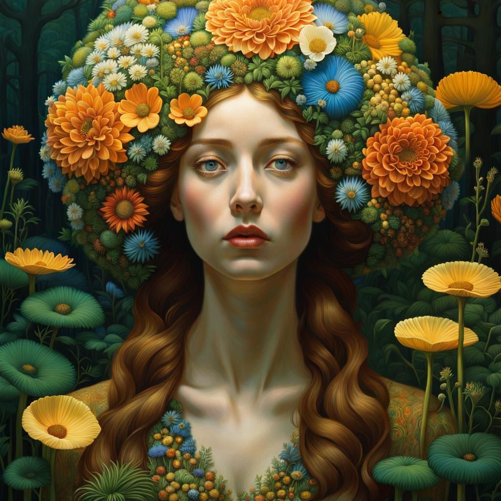 Sunset Woman in Floral Forest, Magic Realism