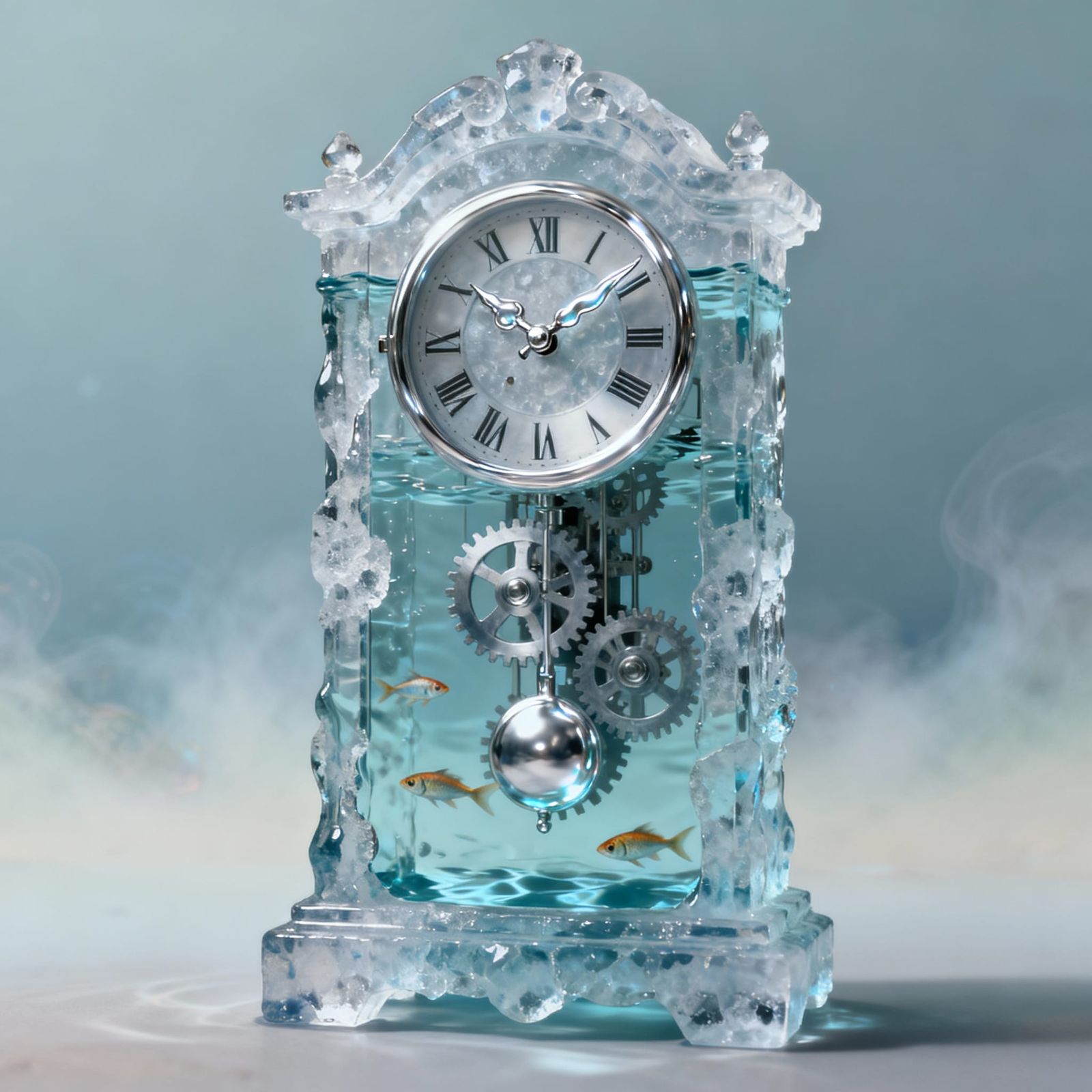 Water Grandfather Clock with Ice Gears and Silver Hands